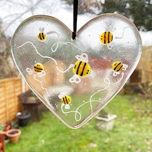 Fused Glass Queen Bee Heart Suncatcher: Handmade Wall Hanger