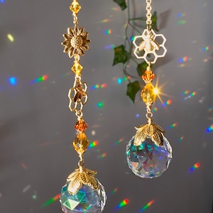 Honeybee Sunflower Crystal Ball Suncatcher for Window Hanging Decor, 18k Gold-Plated Rainbow Maker Prism Bees Vintage Style Strand