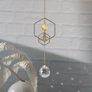 Gold Honeybee Honeycomb Suncatcher with Citrine Quartz Crystal Gemstone and Glass Crystal Rainbow Maker Prism