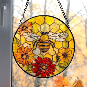 Yellow Suncatcher Honeycomb Faux Stained Glass Home House Decor, Beehive and Flower Faux Stained Glass Suncatcher, Bees Window Hanging