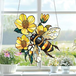 Honey Bee and Sunflower Acrylic Window Hanging - Bee Lover Gift