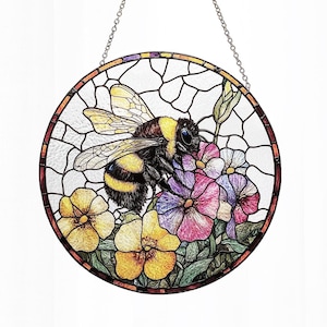 Bee Pollinating Flowers Stained Glass Suncatcher Ornament, Round Bee Glass Indoor Window Hangings, Bee Lover Gift,Personalized Teacher Gift