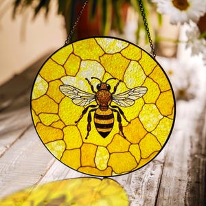 Honey Bee Stained Glass Round Suncatcher Sunlight Catcher Gift For Garden Lover