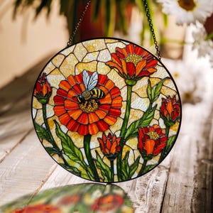 bee resting on red flowers stained glass suncatcher window hanging gift for garden lovers