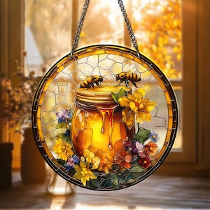 STAINED GLASS Honey Jar Suncatcher with Bees & Flowers – Vibrant Window Hanging, Bee Lover Gift, Cottagecore Decor Home Decor
