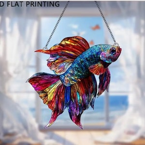 SUNCATCHER- Colorful Betta Fish Garden Suncatcher, 8X8 Inches, 2D Flat Acrylic Window Hanging Decor