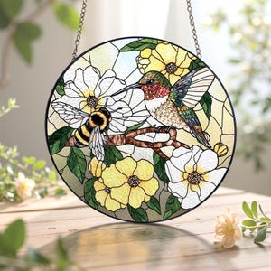 Hummingbird and Bee Flower Stained Glass Suncatcher/Bee Stained Glass Ornament/Bird Wall Art/ifts for Mom/Indoor Decor/Memory Sympathy Gift