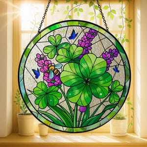Four Leaf Clover Stained Glass Suncatcher, Lucky Shamrock Window Hanging, Green Clover Glass Art with Bees and Butterflies for Home Decor