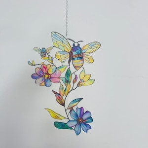 Bee And Flower Acrylic Suncatcher, Faux Stained Glass Floral Window Hanging, Colorful Garden Decor, Nature Summer Gift For Mom