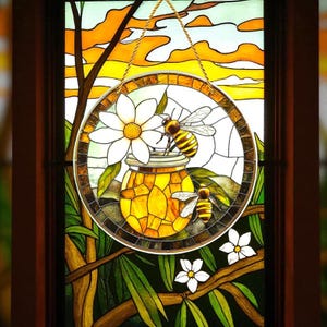 Bee & Daisy Faux Stained Glass Suncatcher - Honey Jar Window Hanging 8"
