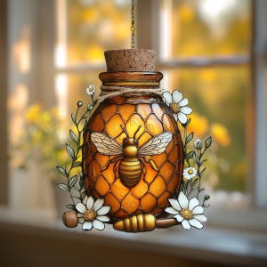 Honey Bee Jar Acrylic Suncatcher, Faux Stained Glass Window Hanging Decor