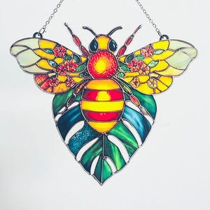 Honey Bee Faux Stained Glass Acrylic Suncatcher, Vibrant Insect Window Hanging, Floral Garden Decor, Birthday Gift For Her Or Mom