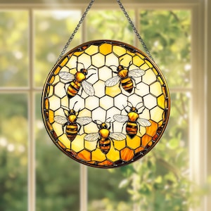 Stained Glass Bees Honeycomb Window Hanging Decoration Round Suncatcher Cottagecore Garden Kitchen Decor Art