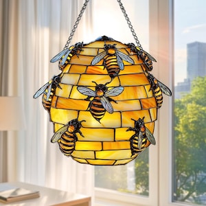 Acrylic Suncatcher Bee Hive Window Hanging Decoration with Honeycomb Stained Glass Style Art