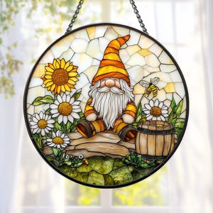 Stained Glass Gnome Sunflower Decoration Window Hanging Round Suncatcher Daisy Bee Garden Panel