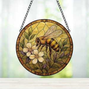 Bee Wildflowers Stained Glass Suncatcher,Honey Bee Suncatcher,Honeybee Gift for Garden Lovers,Home Decor Gift for Mom,Mother's Day Gift