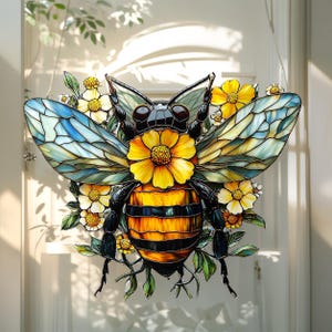 Bee And Flowers Acrylic Suncatcher, Faux Stained Glass Nature Window Hanging Decor, Bright Garden Gift For Home And Her