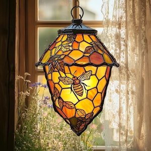 Honey Bee Acrylic Suncatcher Lantern, Faux Stained Glass Beehive Pendant Light, Nature Inspired Window Decor, Gift For Bee Lovers