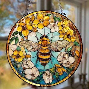 Bee Stained Glass Suncatcher, Bee Gift for Garden Lovers, Bee Wildflower Ornament, Nature Inspired Glass Home Decor, Home Decoration for Bee