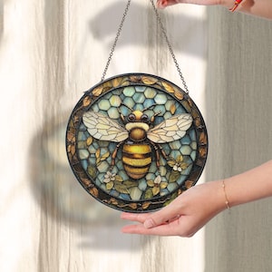 Bee Stained Glass Suncatcher, Honeycomb Design Window Art, Nature Inspired Decor, Yellow Floral Glass Accent, Gift for Bee Lovers