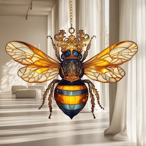 Royal Bee Acrylic Suncatcher, Golden Crown Window Hanging Ornament, Whimsical Personalized Gift For Women, Perfect Garden Home Decor